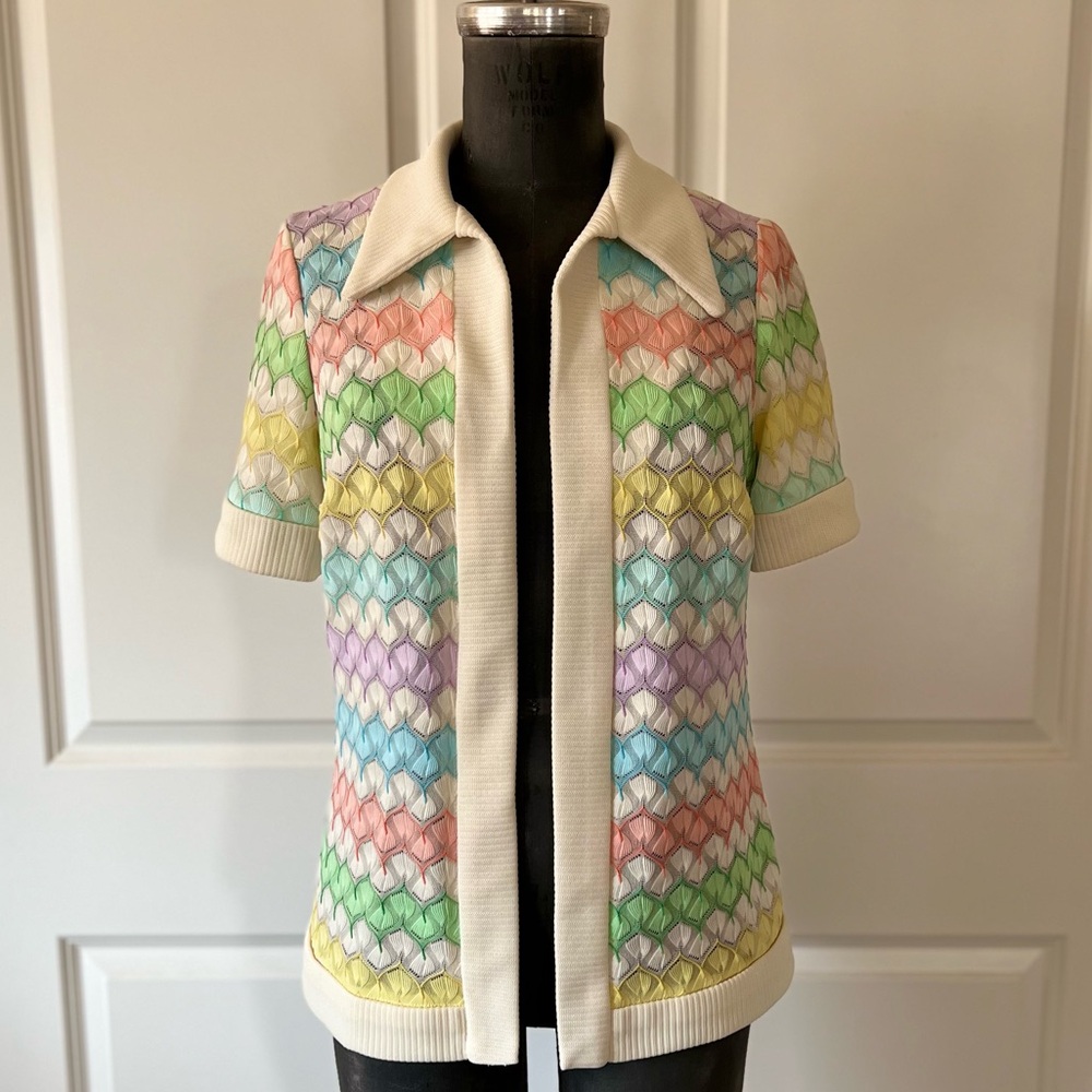 Vintage Pastel Chevron Knit Short Sleeve Cardigan Top Size 16